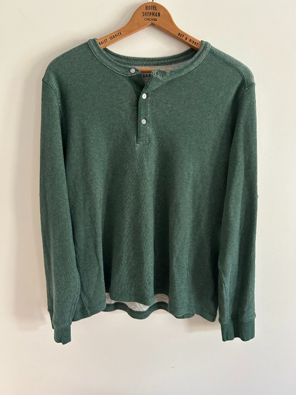 LL Bean Mens XL Forest Green Double Layer Thermal Waffle Knit Long Sleeve Henley